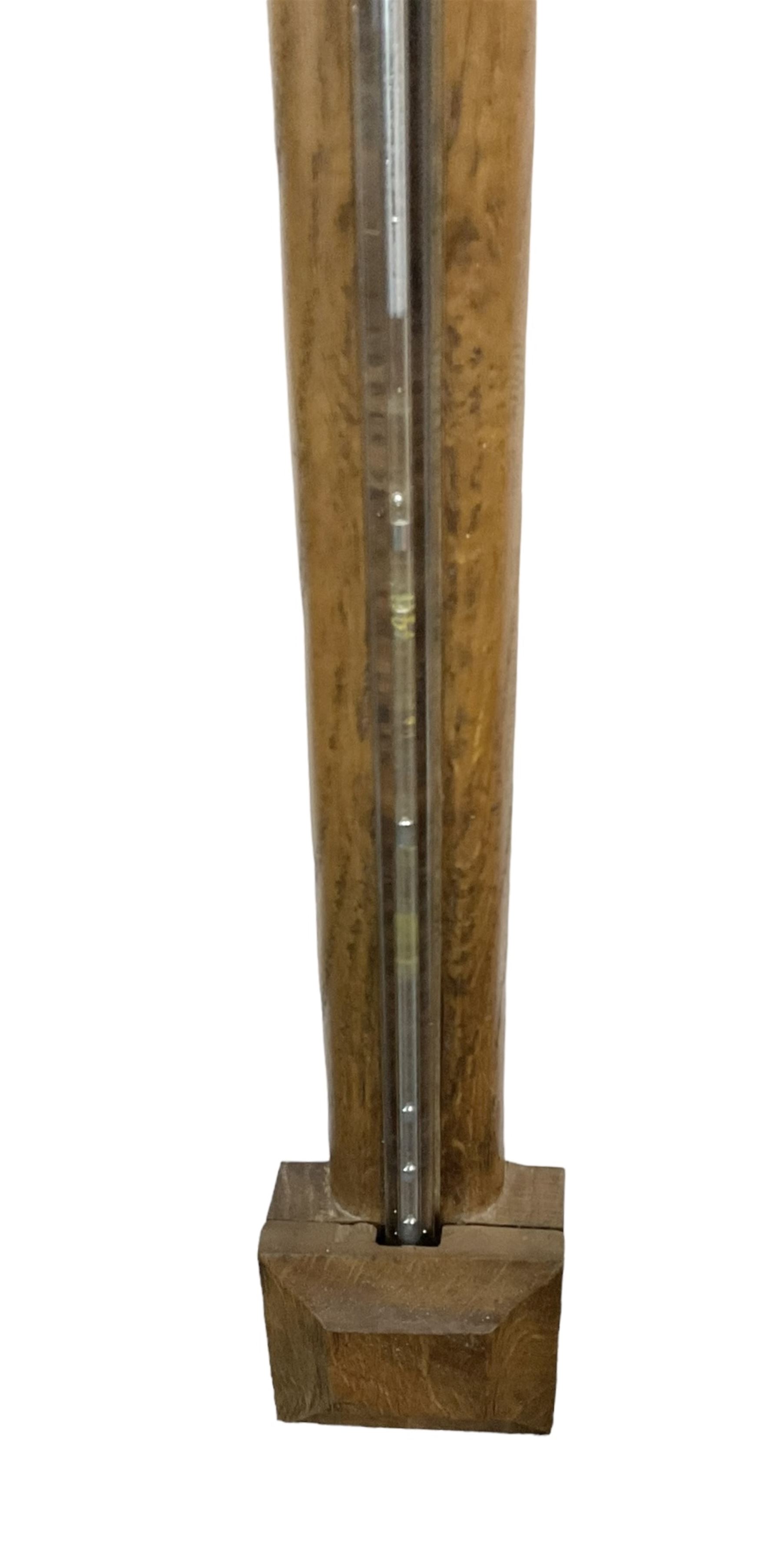 Replica 18th century mercury stick barometer, with a plain concave shaped top and square cistern cover, fully exposed cistern tube and engraved brass register with predictions, spirit thermometer recording the temperature in degrees Fahrenheit.