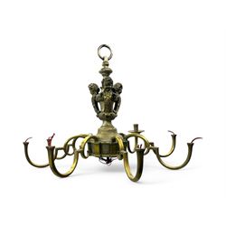 Early 20th century cast brass chandelier, the main baluster-form body surmounted by a lobe...