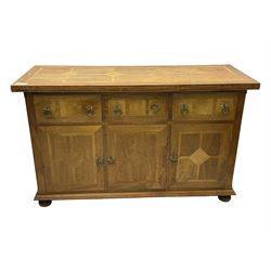 Barker & Stonehouse ‘Flagstone’ range mango wood sideboard, fluted rectangular top above three drawers and three cupboards with geometric inlay, on bun feet