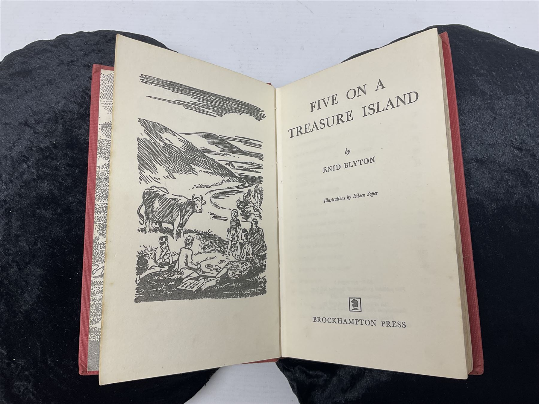 Enid Blyton; three copies of The First Adventure of the Famous Five; Five on Treasure Island, comprising 1963 edition, 1949 edition and 1963 edition  