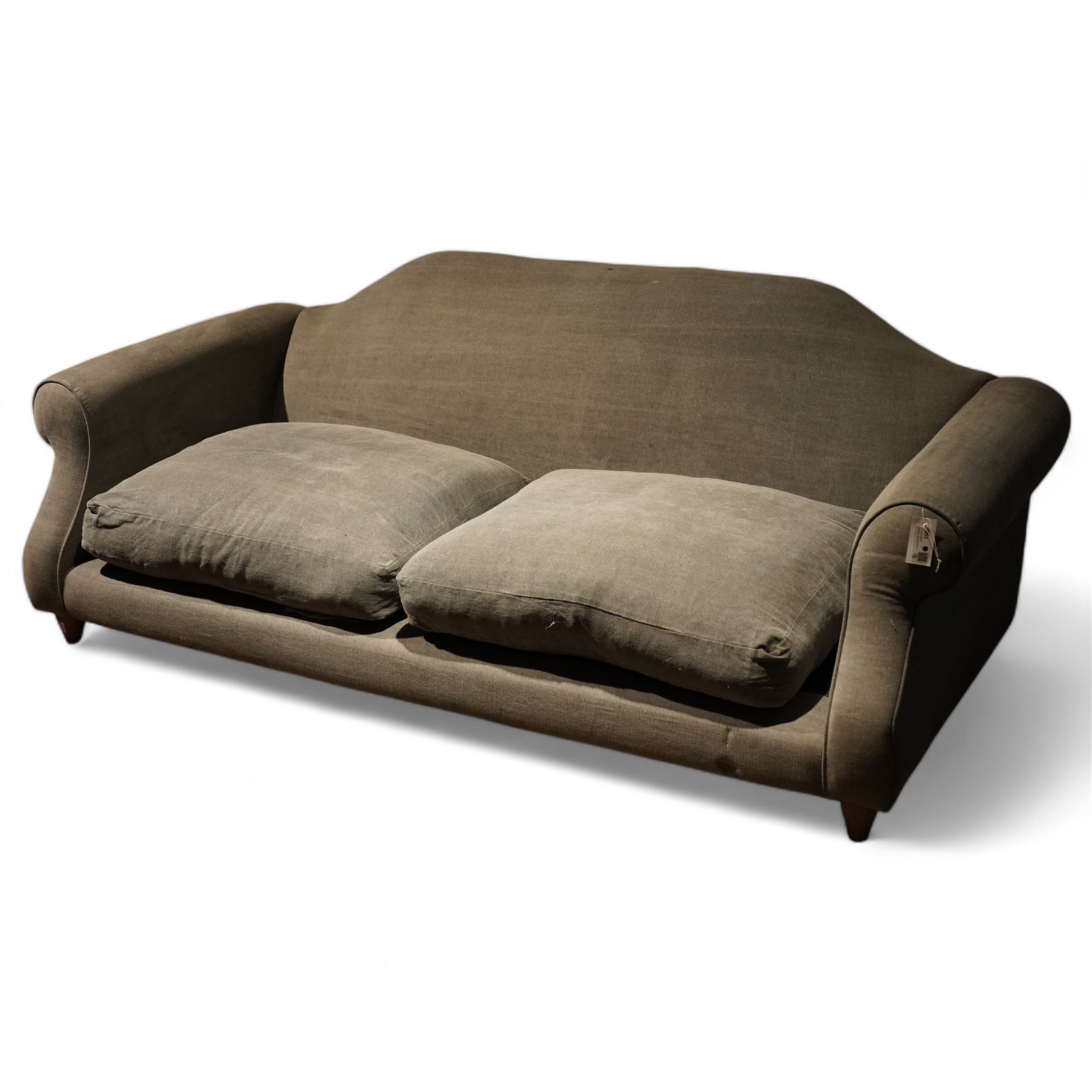 Loaf - grande traditional shape three two sofa, shaped back over rolled arms, upholstered in stone-grey fabric, on turned oak feet