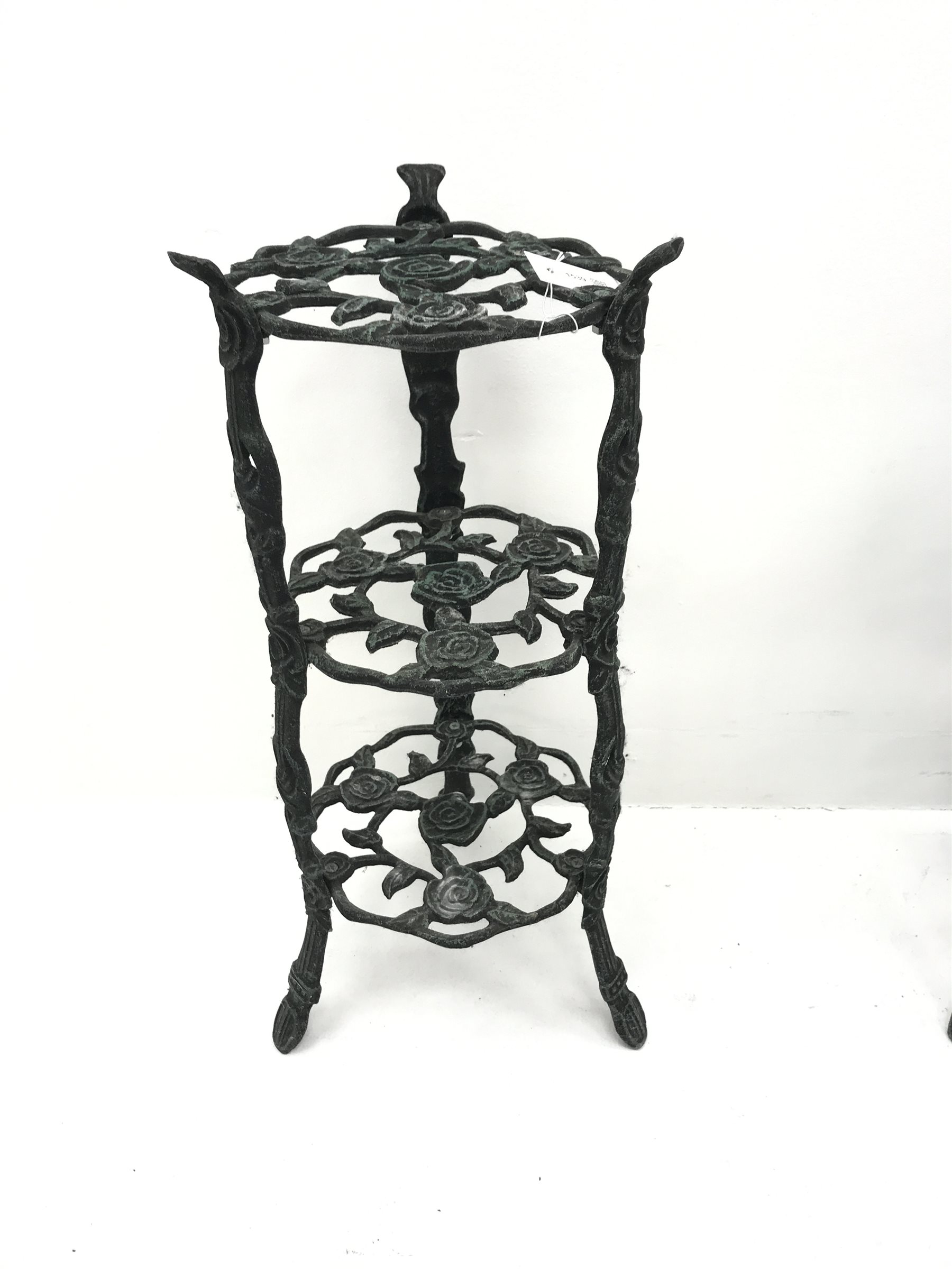 Pair ornate metal, three tier plant stands, W30cm, H69cm - The ...