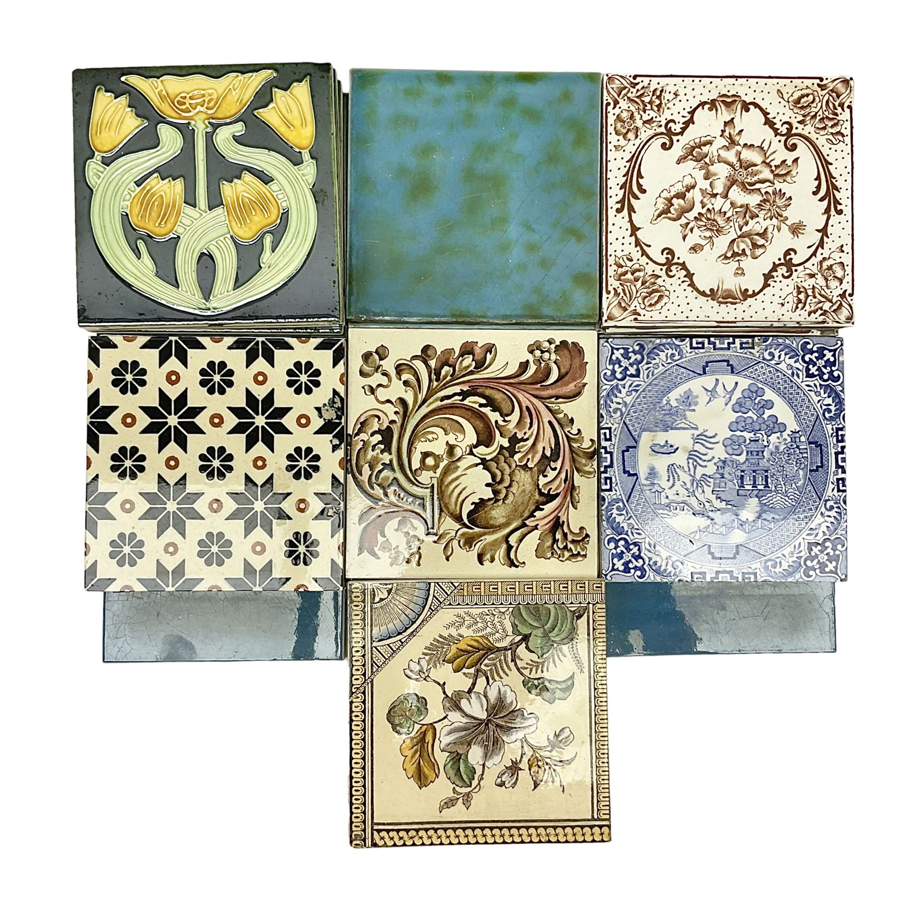 Collection of Victorian and later tiles to include floral and tube line examples