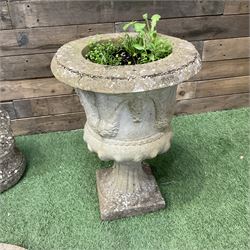 Cast stone female figure, NESW Compass stone plaque, and pair of small cast stone urns - THIS LOT IS TO BE COLLECTED BY APPOINTMENT FROM DUGGLEBY STORAGE, GREAT HILL, EASTFIELD, SCARBOROUGH, YO11 3TX