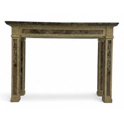 Rectangular console table, variegated marble top, on square supports with block feet 