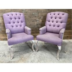 Voyage - two high back armchairs upholstered in buttoned lilac and tweed fabric, painted cabriole legs