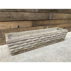 Pair of square cast stone planters, single planter with leaf decoration and a rectangular brick effect planter (4)