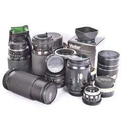 Group of camera lenses by various makers, including Vivitar 19mm 1:3.8 MC wide angle lens serial no. 97040355, boxed, Kestrel MC Auto Zoom 1:4.5 f=80-205mm lens serial no. 710269, Tokina SD 70-210mm 1:4-5.6 lens serial no. 8805753, Osawa MC 1:4.5 80-205mm Macro lens serial no. 5223217, Olympus AF zoom 28-85mm 1:3.5-4.5 lens serial no. 516854, Hanimex Tele-Lens 1:2.8 f=135mm lens serial no. H61532, together with converters and other accessories