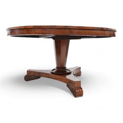 Victorian mahogany breakfast centre table, circular tilt-top with figured segmented veneers, tapering octagonal column on concaved triangular platform, scrolled carved feet 