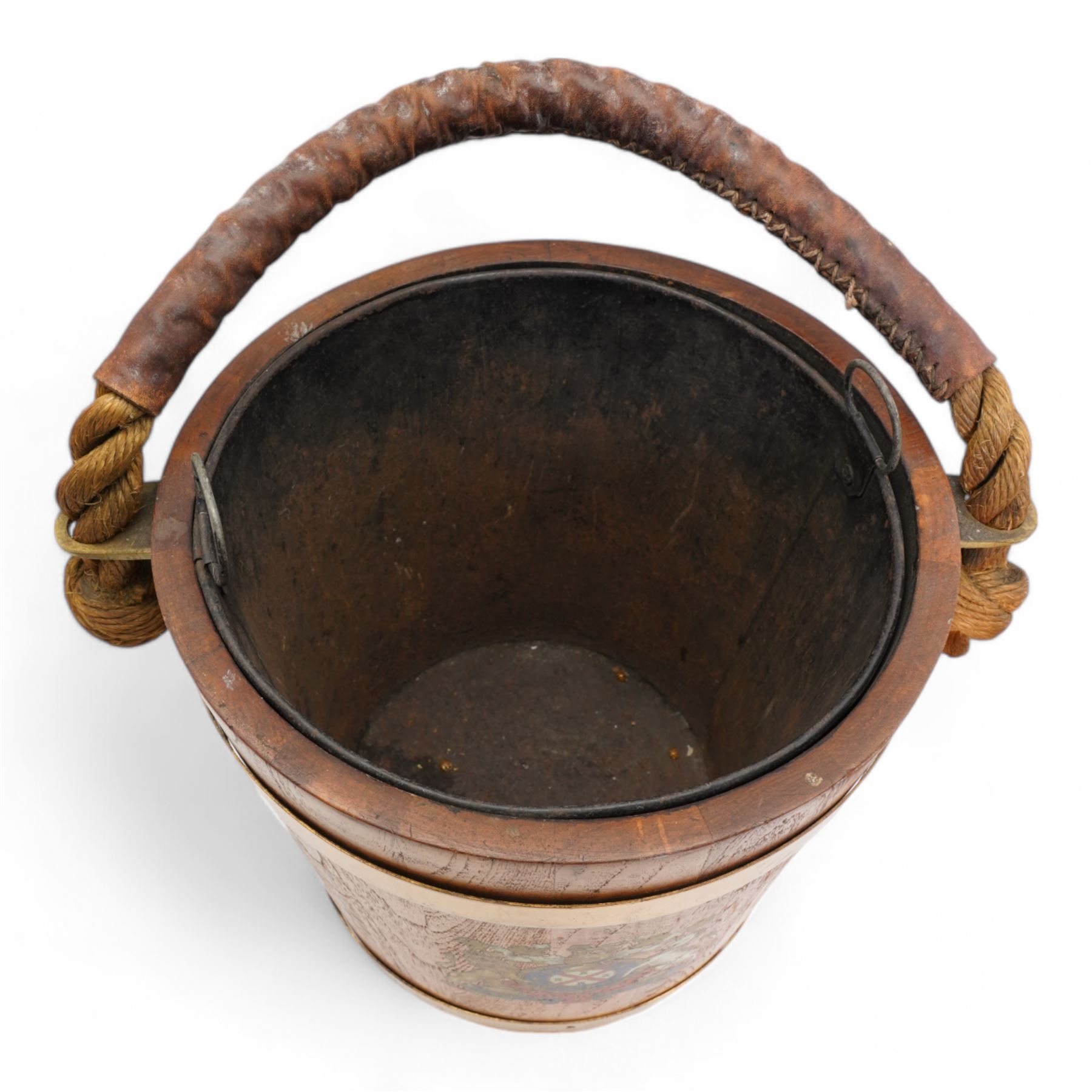 Oak and brass banded fire bucket decorated with the Royal Coat of Arms with liner and rope twist handle H30cm, together with a Dunhill 'The White Spot' faceted mahogany tobacco jar and cover (2)