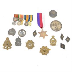 WWI miniature medal group, together with the Atlantic Star, Buttons, Cap badges and medallions  