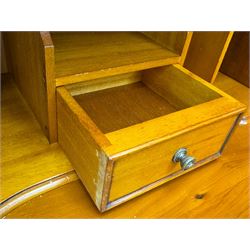 Mid-to-late 20th century yew wood bureau bookcase, raised bookcase enclosed by glazed door, the fall front revealing fitted interior, four graduating cock-beaded drawers below, on bracket feet