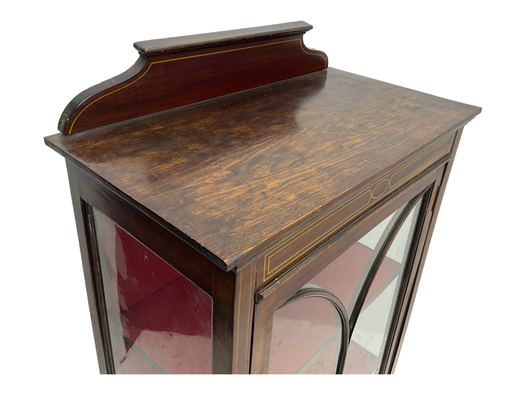 Early 20th century mahogany display cabinet, projecting moulded cornice over inlaid frieze, single astragal glazed door opening to reveal three felt-lined shelves, raised on square tapering supports