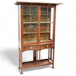 Edwardian mahogany glazed display cabinet, projecting cornice over astragal glazed doors enclosing three velvet lined shelves, over two bow-front drawers with Tunbridge Ware style inlaid stringing, on pierced end supports united by undertier