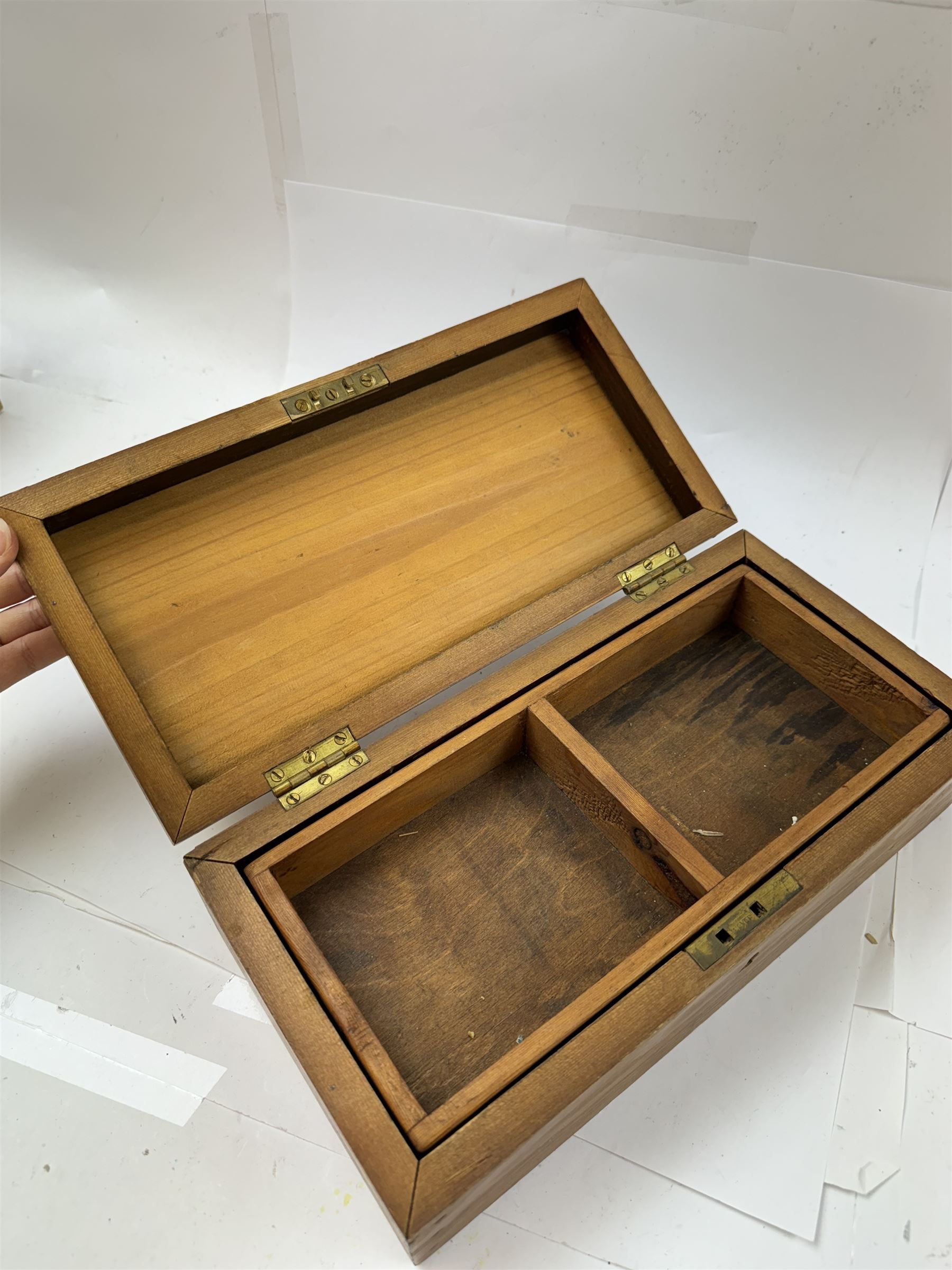 Group of wooden boxes and tins, including oak two compartment cigarette box, money tins, inlaid tea caddy, etc