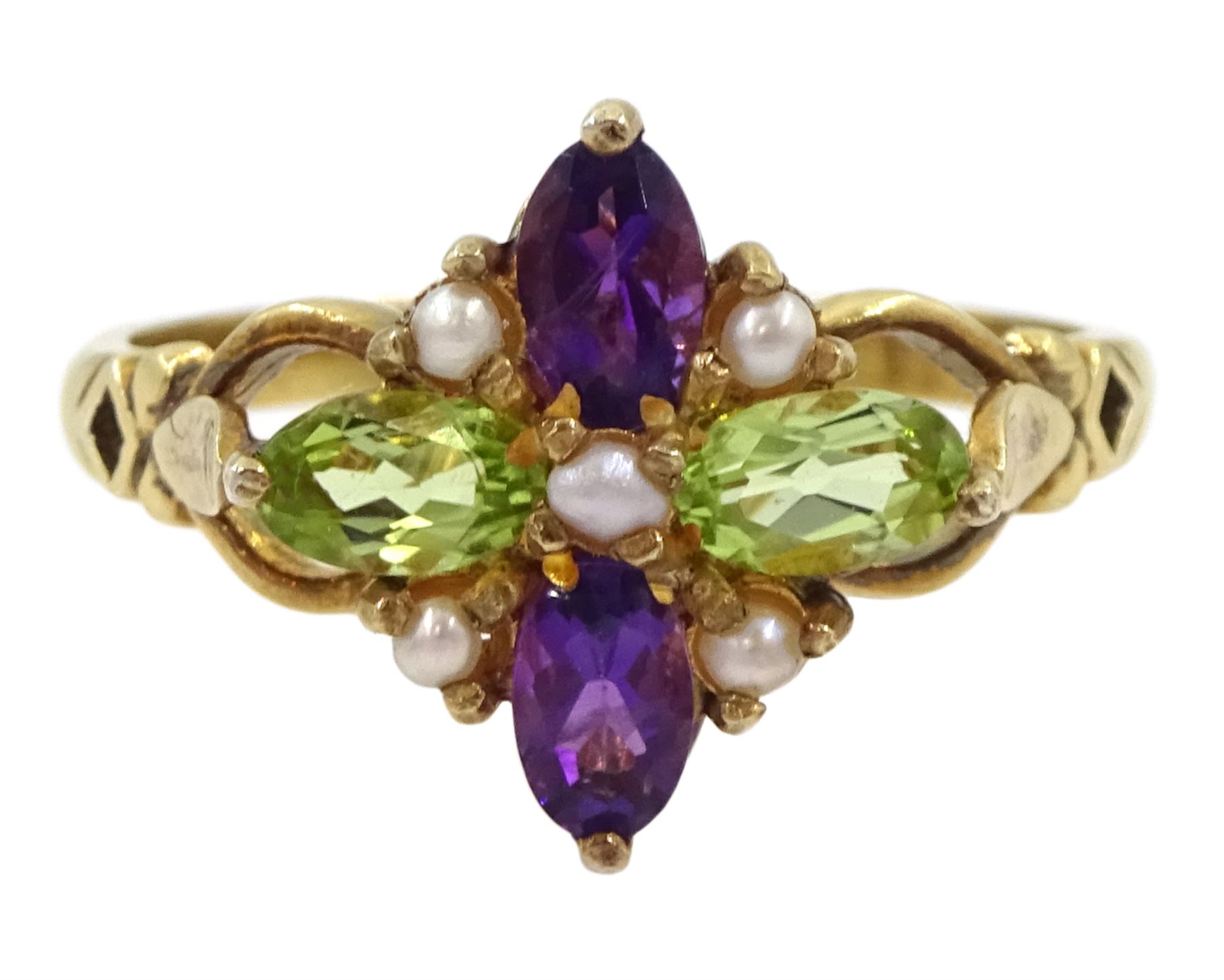 Silver-gilt peridot, amethyst and pearl ring, stamped