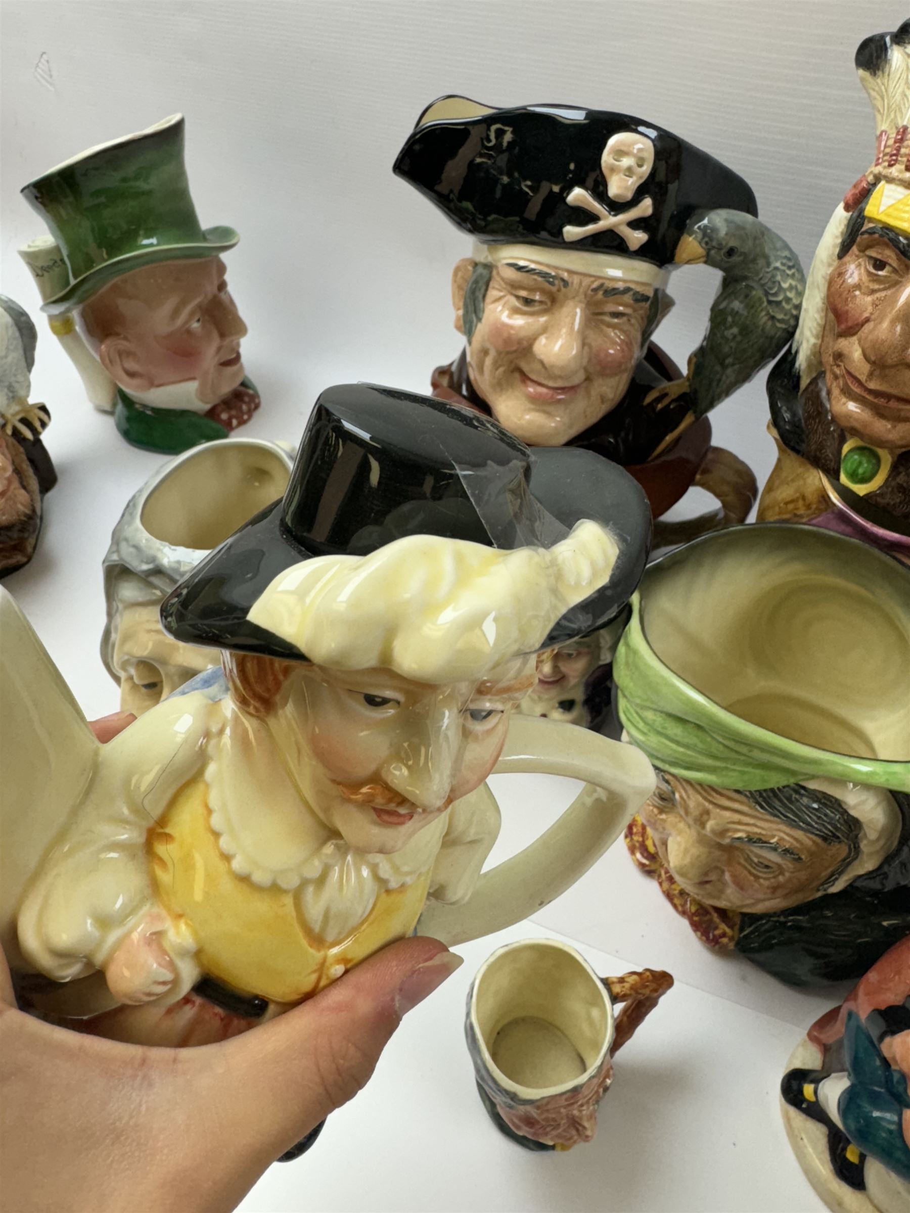 Collection of character jugs, including Royal Doulton Long John Silver, The Falconer, Granny etc