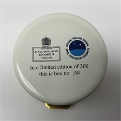 Halcyon Days bonbonniere, modelled as 'Vice-Admiral Lord Nelson', to mark the bicentenary of the British victory at the Battle of Trafalgar, together with another Halcyon Days enamel box depicting Lord Nelson, both boxed 