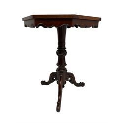 Victorian figured mahogany tripod table, octagonal top with segmented highly figured veneers over pointed arch frieze rails, on turned egg and dart carved pedestal with lappet carved baluster, three splayed and C-scroll carved supports with scrolled terminals