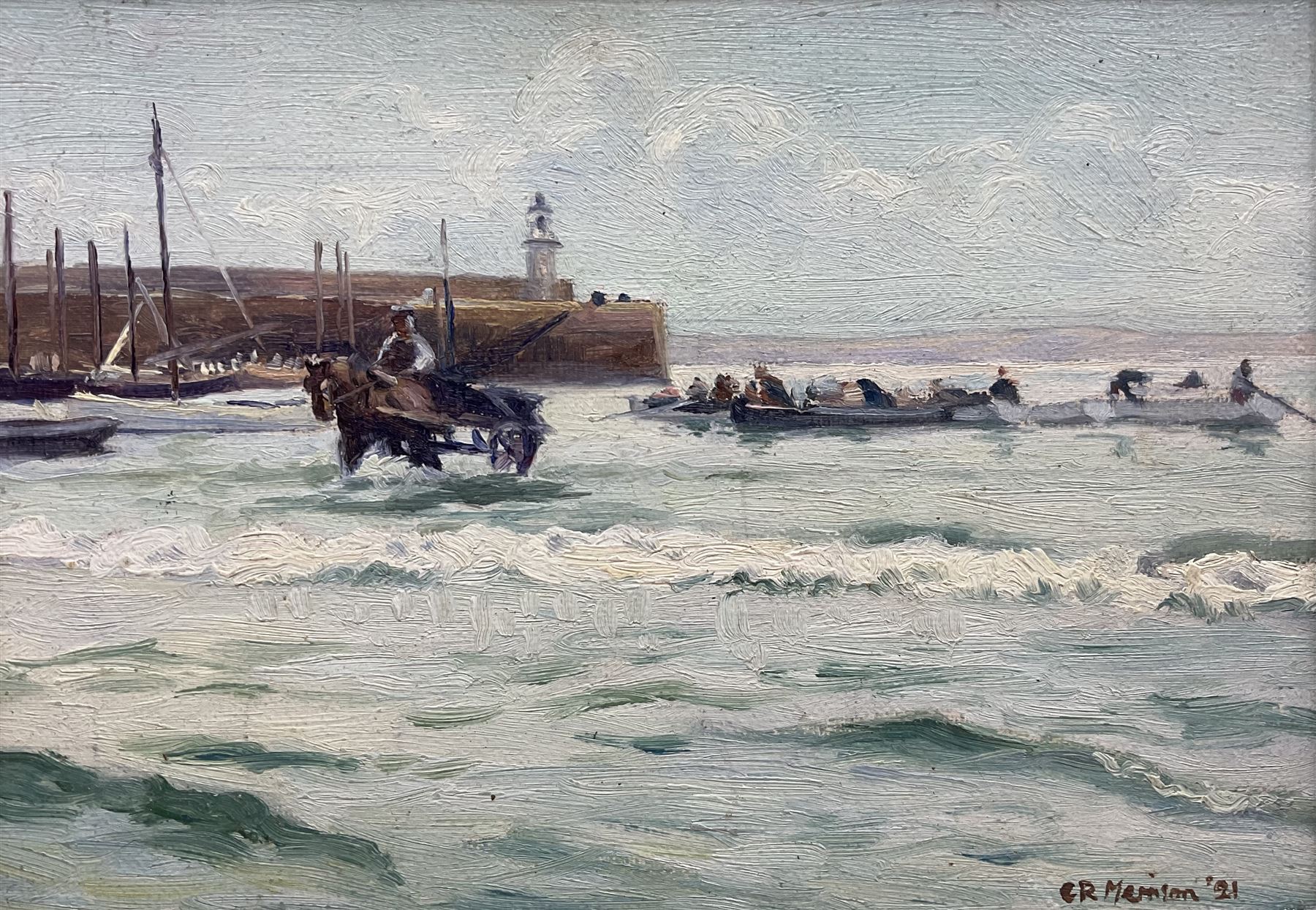 Charles Redford Merrison (British 1879-1964): 'Unloading the Catch - St Ives', oil on board signed and dated '21, 17cm x 24cm