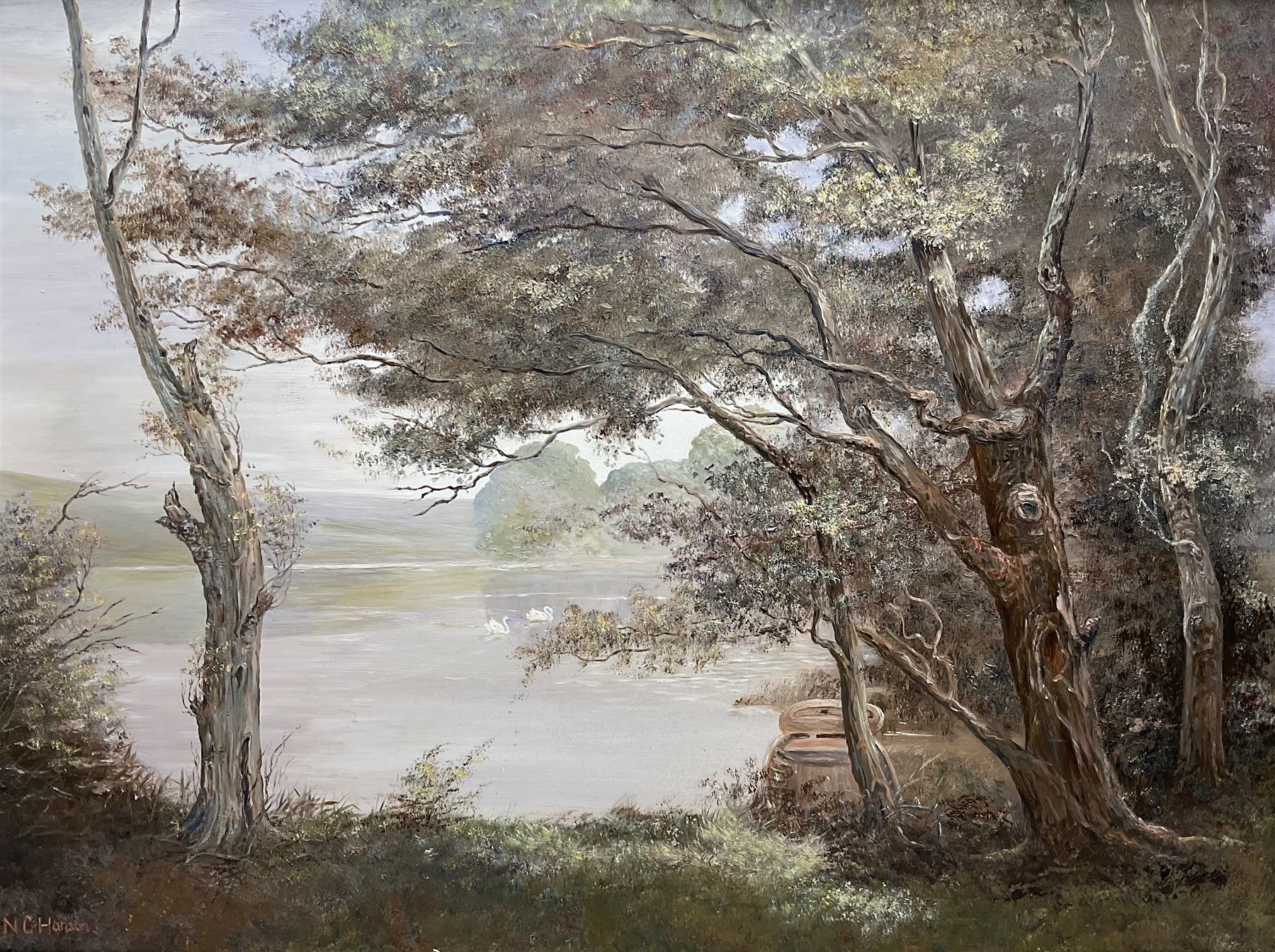 N C Hanson (British 20th century): ‘Picnic on the Esk - Ruswarp’, oil on board signed, titled verso 45cm x 60cm; Barbara Whitmore (Whitby 20th century): 'The Wilson Arms - Sneaton', oil on board signed, titled verso 49cm x 74cm (2)