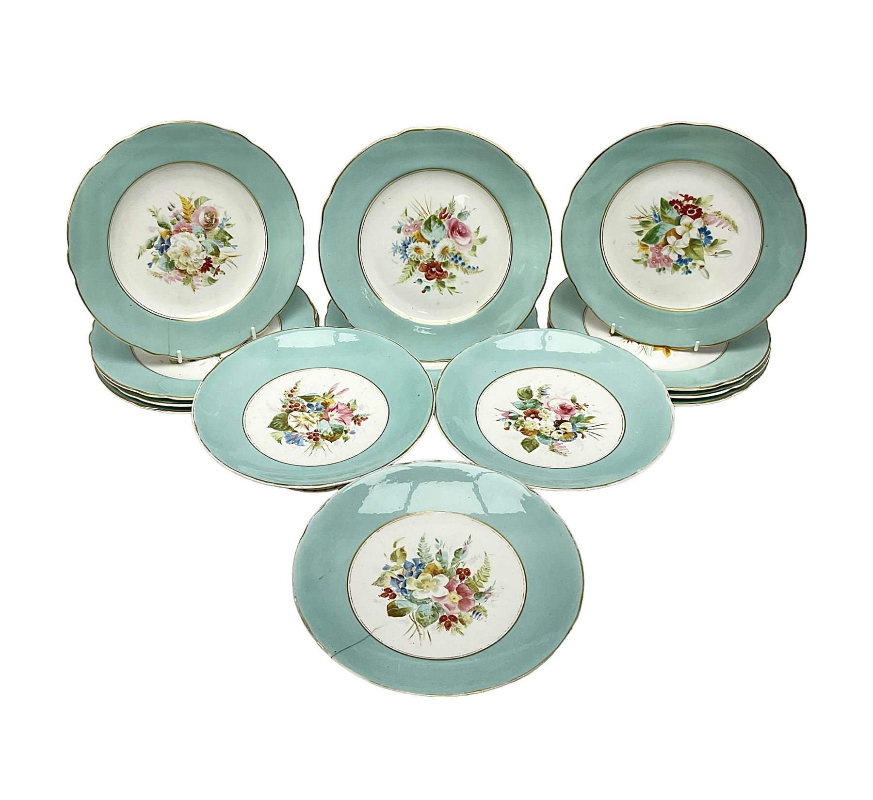 Victorian dessert service, comprising three comports and twelve plates, each decorated with floral sprigs to the centre with a blue and gilt border