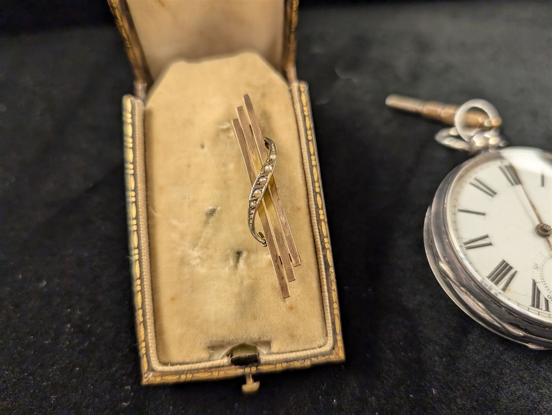 Early 20th century 9ct gold seed pearl brooch and a Victorian silver open face pocket watch by Waltham Mass, Birmingham 1887