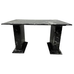 Marble hall table with orthoceras and goniatite inclusions, the rectangular top upon two rectangular stepped plinths, H78cm, L135cm, D77cm