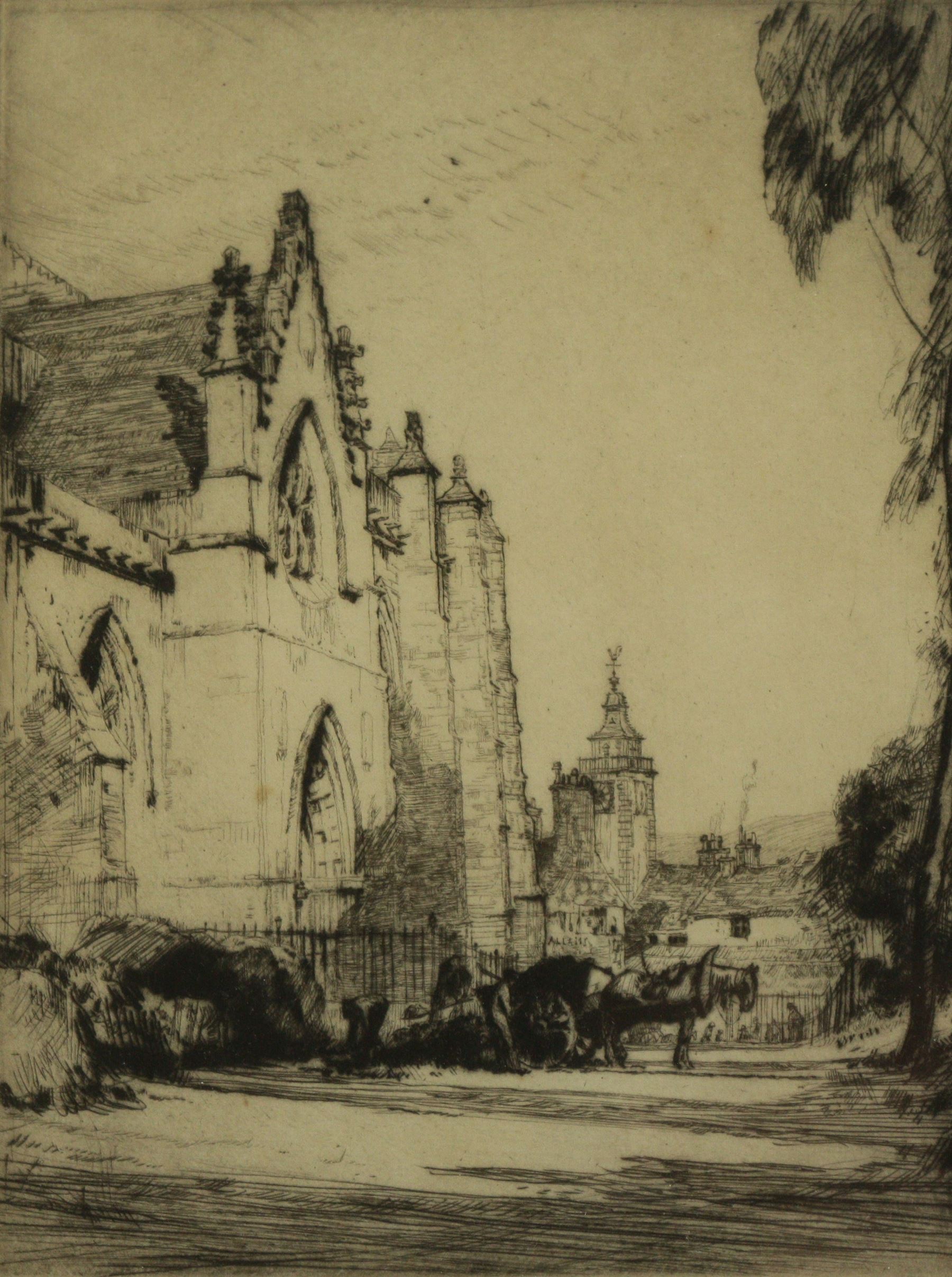 Malcolm Osborne (British 1880-1963): Horse and Cart Waiting Outside a Church, drypoint etching signed in pencil 27cm x 20cm 