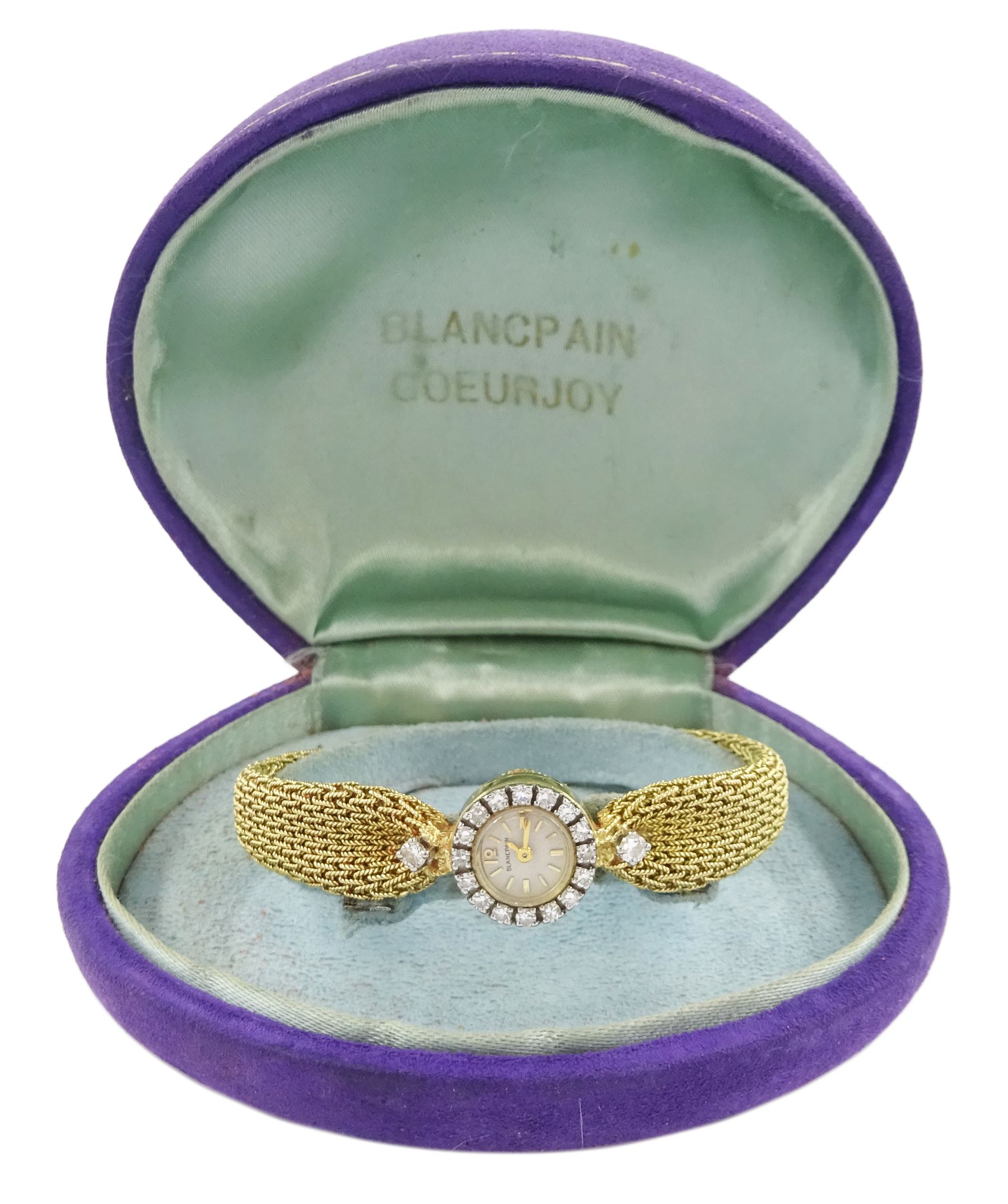 Blancpain ladies 18ct gold manual wind wristwatch, back case No. 4311, cream dial with baton hour markers, round brilliant cut diamond surround, crown wind from back case, Glasgow import mark 1959, on integral 18ct gold mesh bracelet, stamped 750, boxed