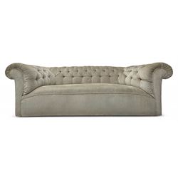 Chesterfield shaped button-tufted sofa, upholstered in pale beige velvet fabric with rolle...