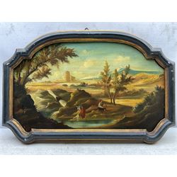 Continental School (19th century): Washerwomen in Capriccio Landscapes, pair oils on shaped panels unsigned 27cm x 46cm (2)