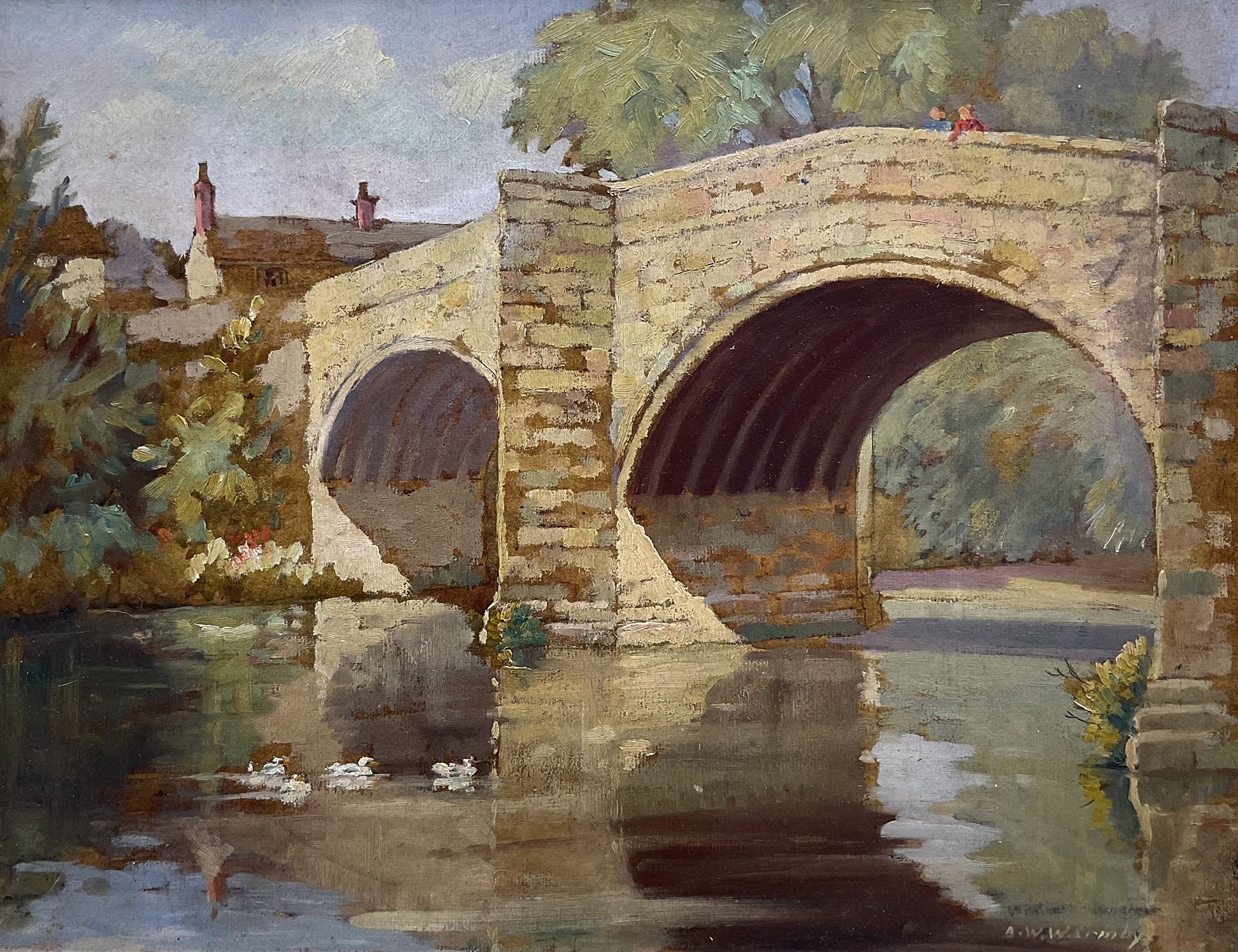 Byron Winston Warmby (Sheffield 1902-1978): 'Baslow Bridge - Derbyshire', oil on board signed, titled verso 34cm x 44cm
Provenance: private collection, purchased Phillips Leeds 19th November 1998 Lot 599; with Hibbert Brothers, Norfolk St., Sheffield, labels verso