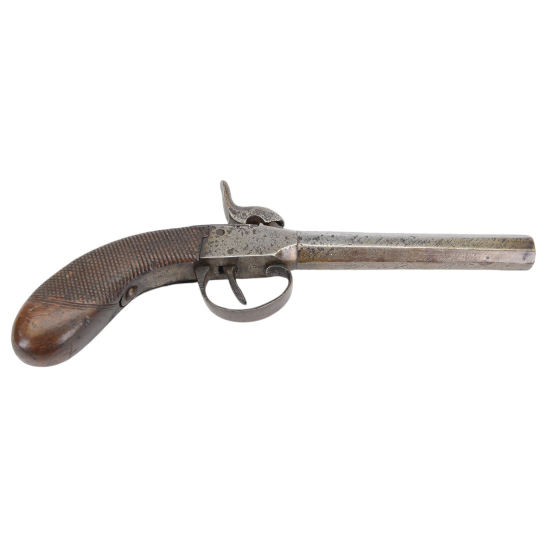 Late 19th century Belgian percussion boxlock pocket pistol, marked PM, with octagonal barrel and checkered wooden grip, L23cm
Sold as an exempt item under Section 58 (2) of the 1968 Firearms Act, to be held as a curiosity or ornament