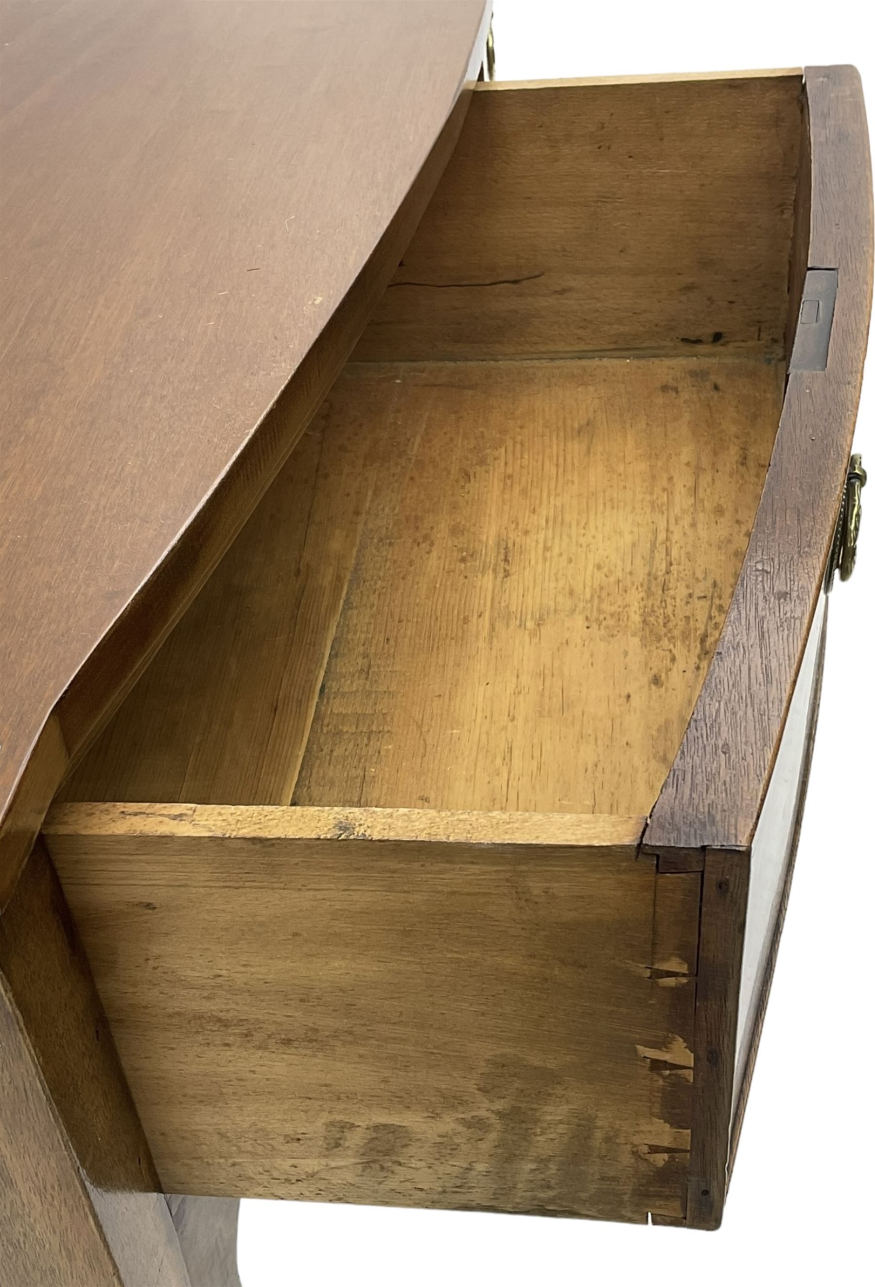 19th century mahogany bow-front serving table, fitted with two cock-beaded drawers with oval pressed brass handles decorated with urns, on square tapering supports 