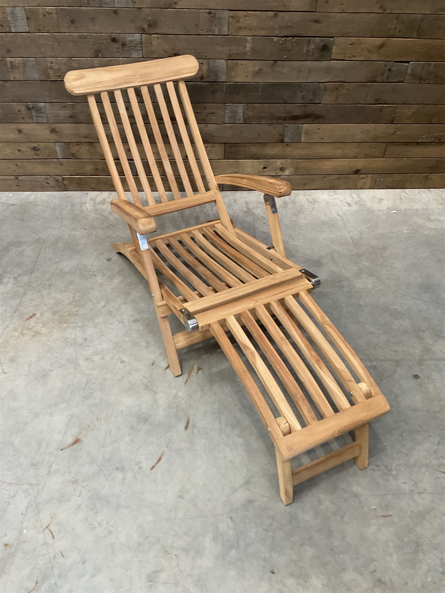 Pair of solid teak adjustable garden steamer armchairs, stainless brackets, with cushions