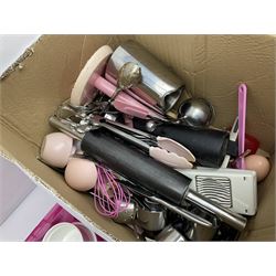 Large collection of kitchen and baking equipment, including cutlery, baking trays, ramakins, utensils, etc, in three boxes 