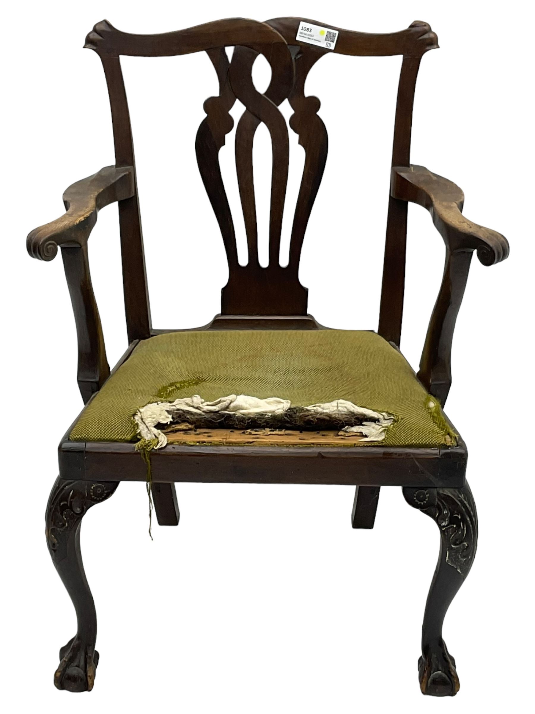 George III  elm and walnut elbow chair, shaped cresting rail over pierced and interlaced splat back, upholstered drop-in seat, on acanthus carved cabriole supports with ball and claw feet 