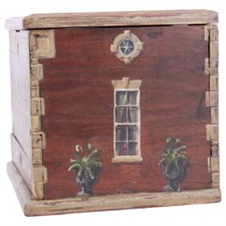 19th century mahogany box, the front and sides painted to resemble a Georgian Country House, H24.5cm W30.5cm D23.5cm