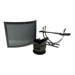 Burnished metal fire set - curved spark guard (W77cm, H60cm); log basket; companion set; helmet coal bucket 