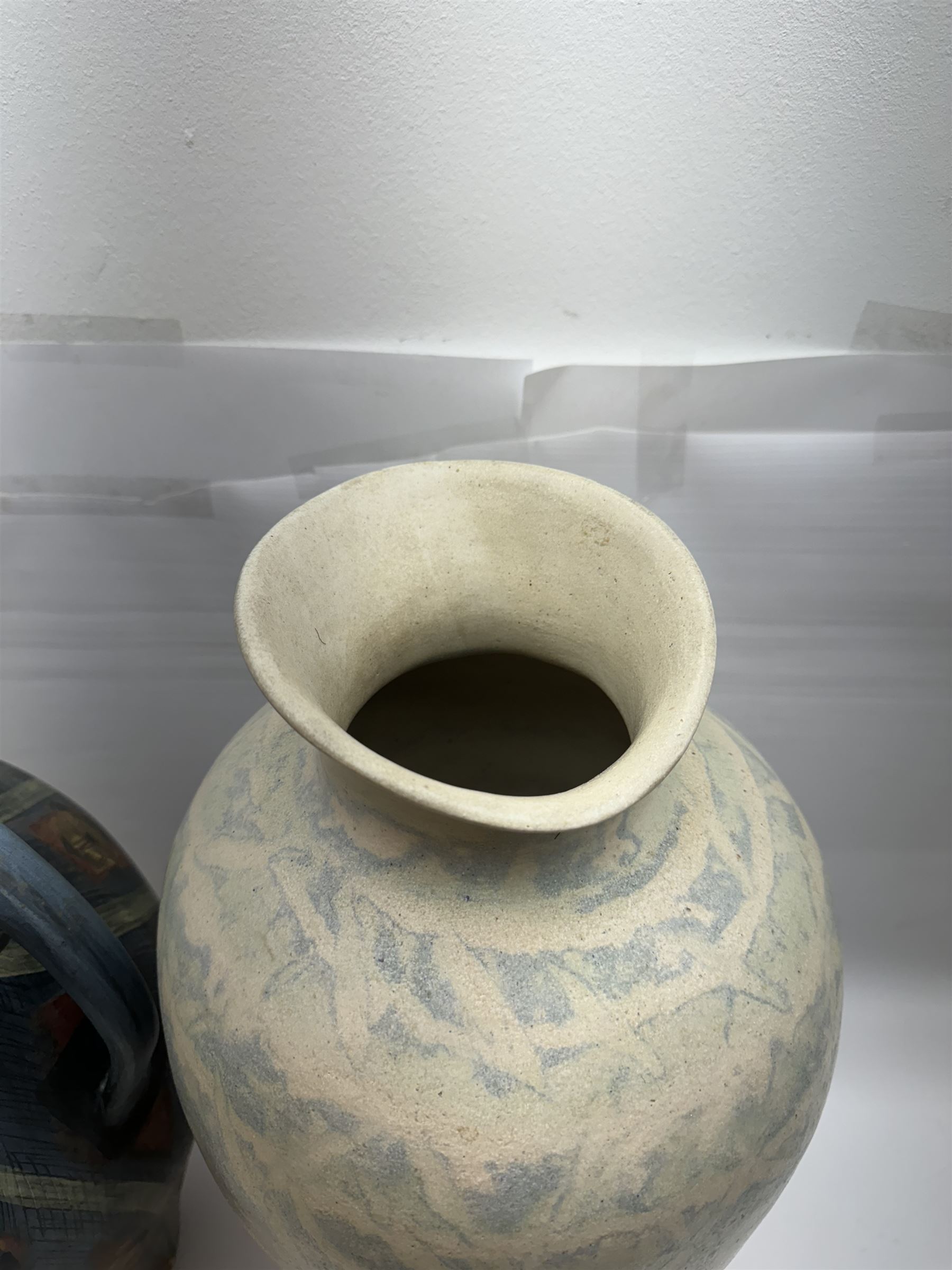 Jackie Walton; Studio pottery large jug decorated with geometric patters, together with another Jackie Walton vase, jug H52cm