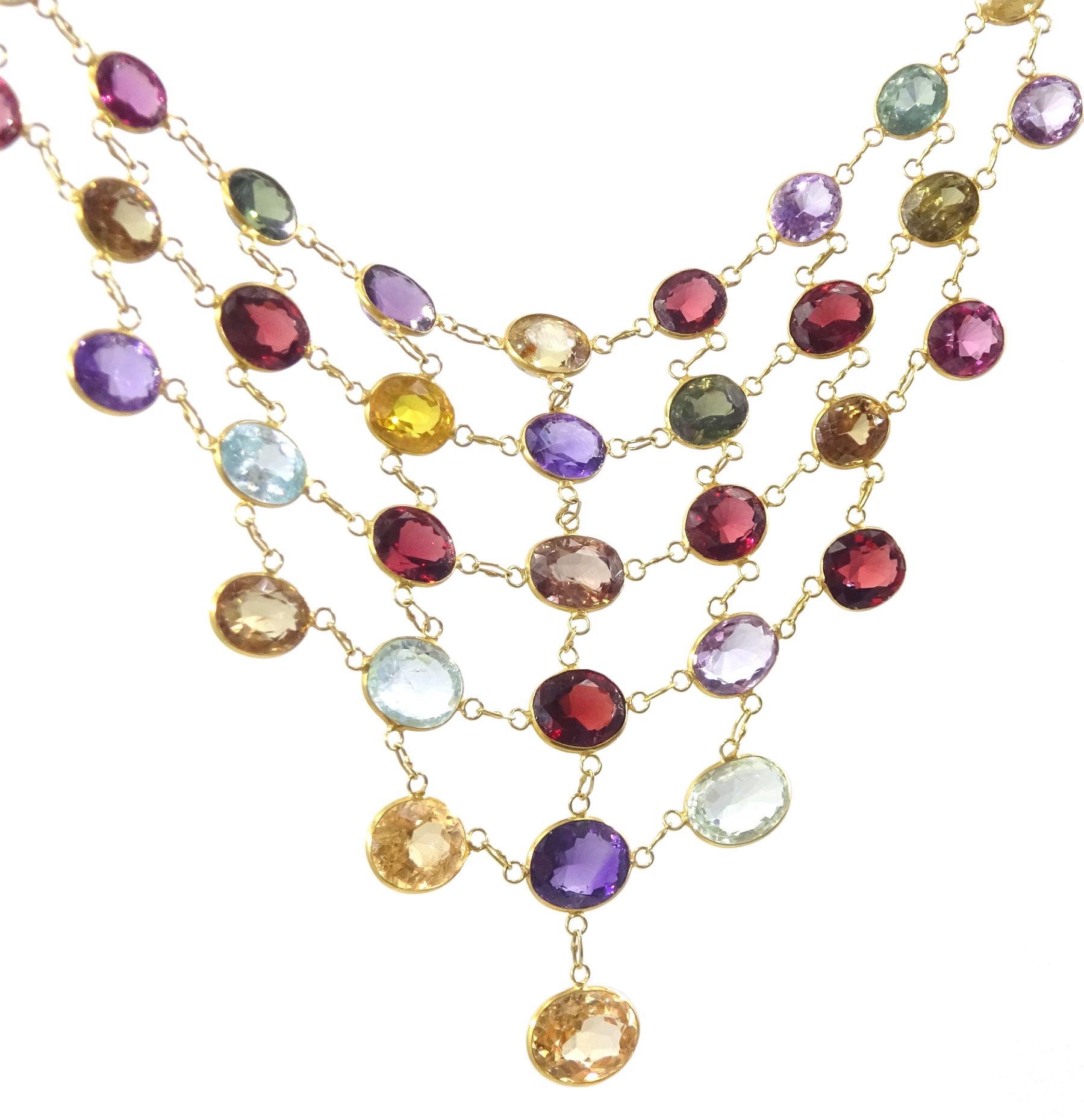 14ct gold multi gemstone set fringe necklace, including amethyst, topaz and garnet