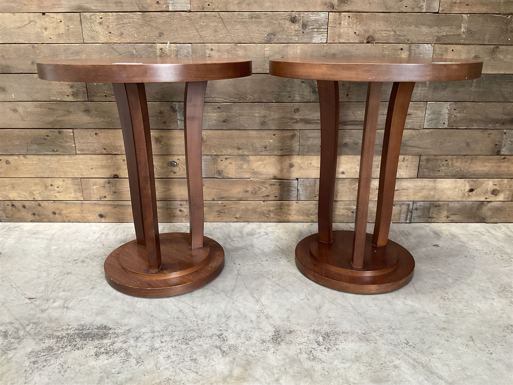 Six walnut circular bar or bedroom occasional tables