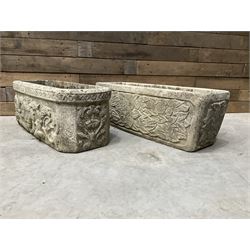 Ornate cast stone rectangular garden planter, lion mask and swag detail, and s similar planter (2)