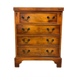 Georgian design yew wood bachelor's chest, fold-over rectangular top supported by pull-out stays, fitted with four long cock-beaded drawers, on bracket feet