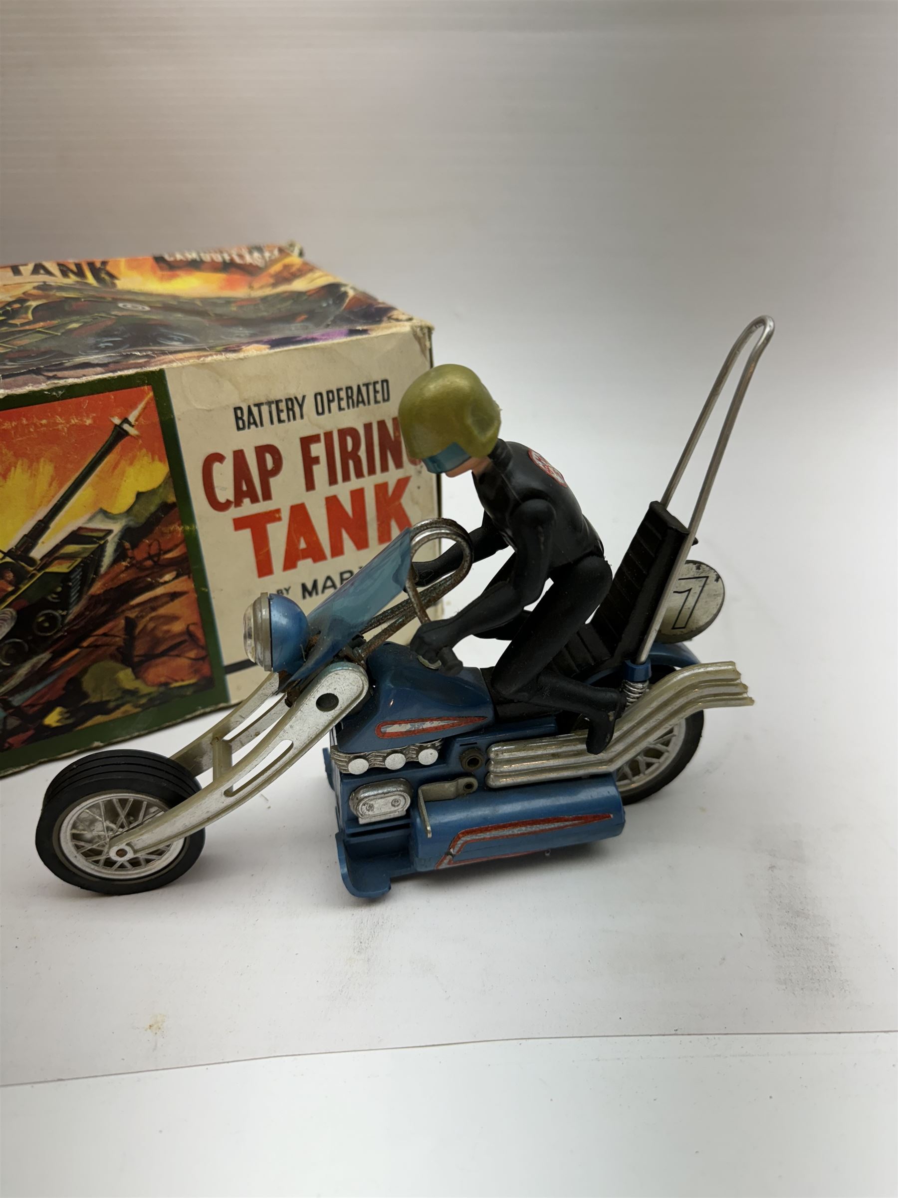 Two Airfix Assault Sets, to include Waterloo and Pontoon Bridge, both boxed, battery operated Cap Firing Tank by Marx, boxed, and a 1970s Hasbro motorcyclist 