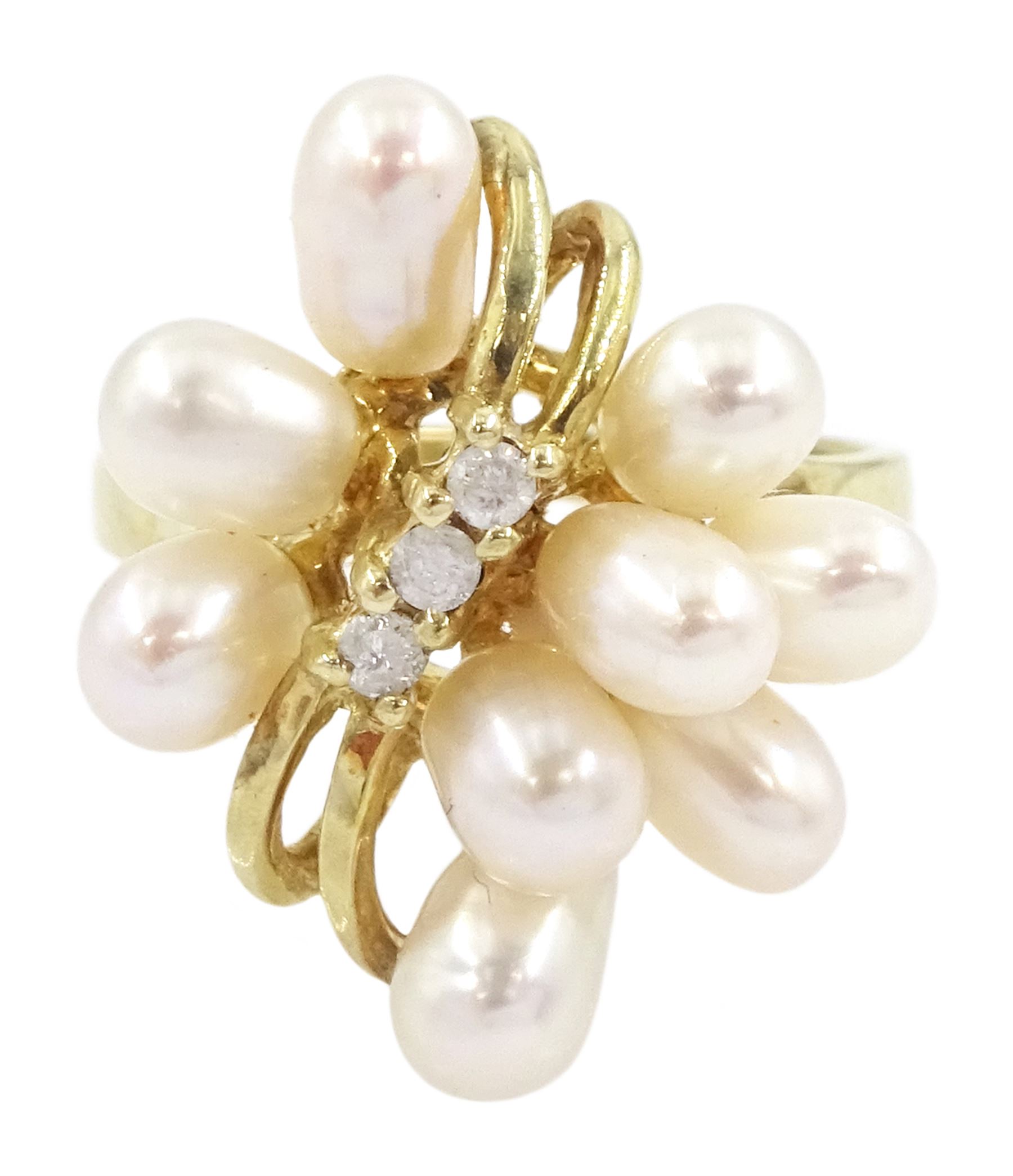 9ct gold pearl and three stone diamond cluster ring, Birmingham import mark 1992