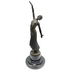 Art Deco style bronze figure of a dancer with arms outstretched, upon a stepped marble socle base, after 'Chiparus', with foundry mark, H37cm 