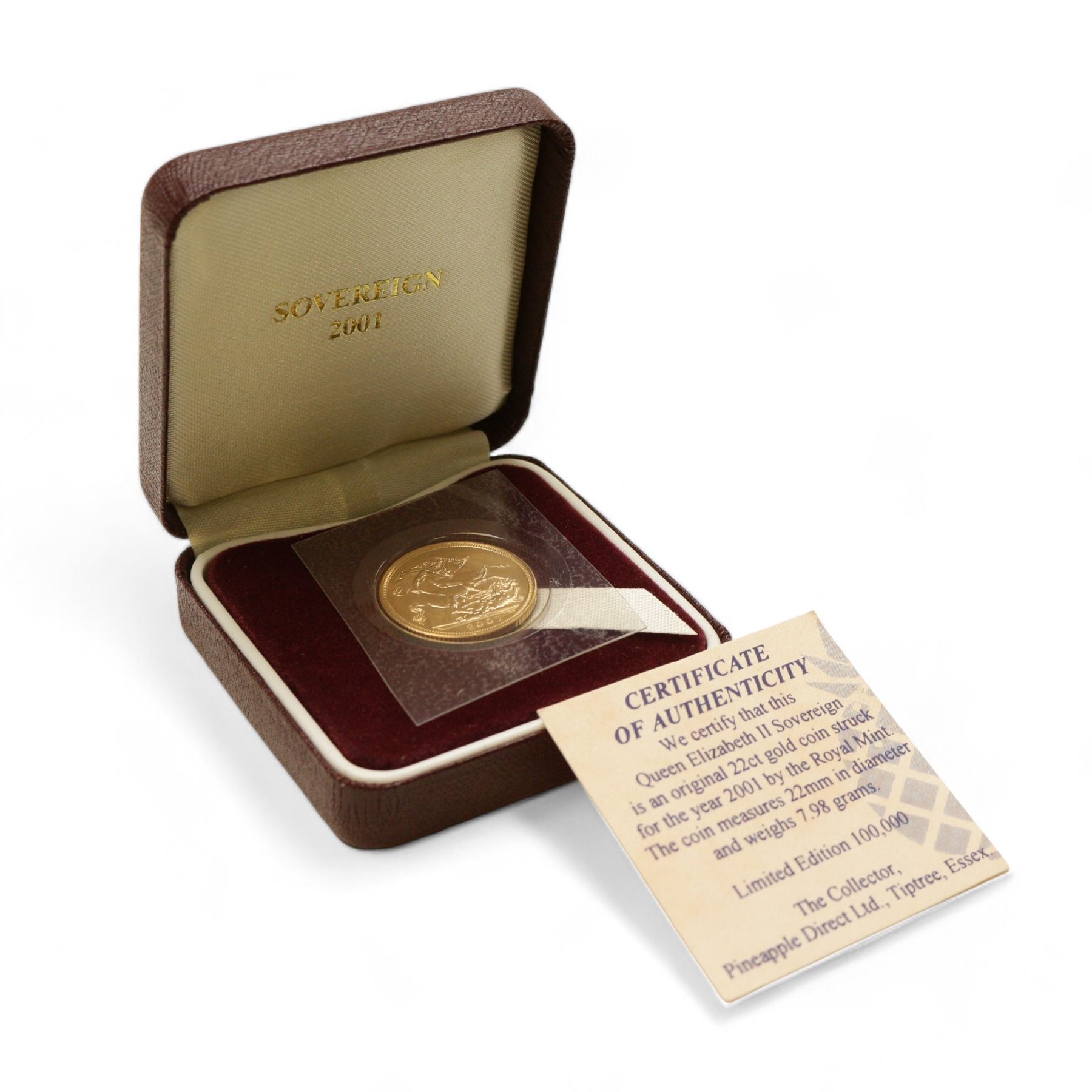 Queen Elizabeth II 2001 gold full sovereign coin, housed in a dated case