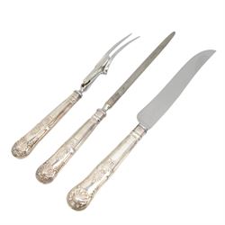 Set of King's pattern silver plated table cutlery comprising eight soup spoons, nine table forks, nine dessert forks,  ten table knives, ten cheese knives, three table spoons, carving set and a quantity of fish cutlery